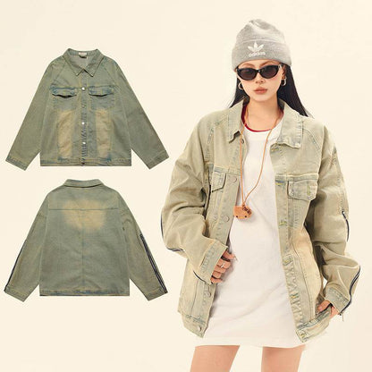 Washed and worn solid color zipper denim jacket for women | MuddyStock Originals MuddyStock