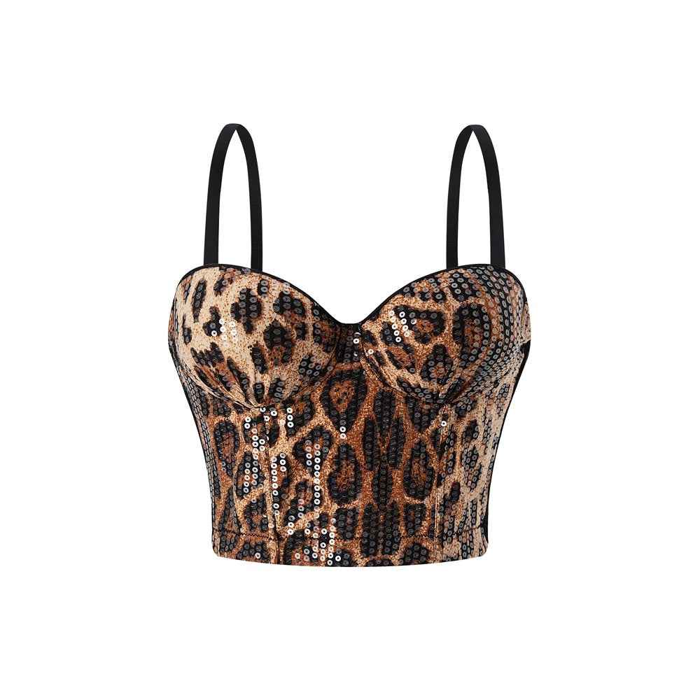 Sequined leopard print outerwear fishbone strapless top | MuddyStock Originals Dark Brown MuddyStock