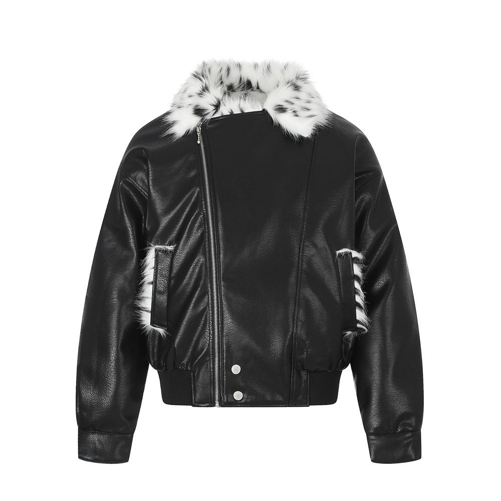 Men's Biker PU Leather Jacket with Diagonal Zipper and Fur Lapel Collar