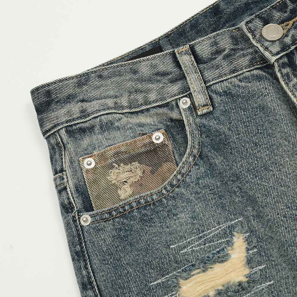 Camouflage Patchwork Distressed Straight Leg Jeans For Men And Women | MuddyStock Originals MuddyStock