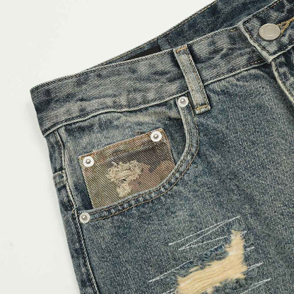 Camouflage Patchwork Distressed Straight Leg Jeans For Men And Women | MuddyStock Originals MuddyStock
