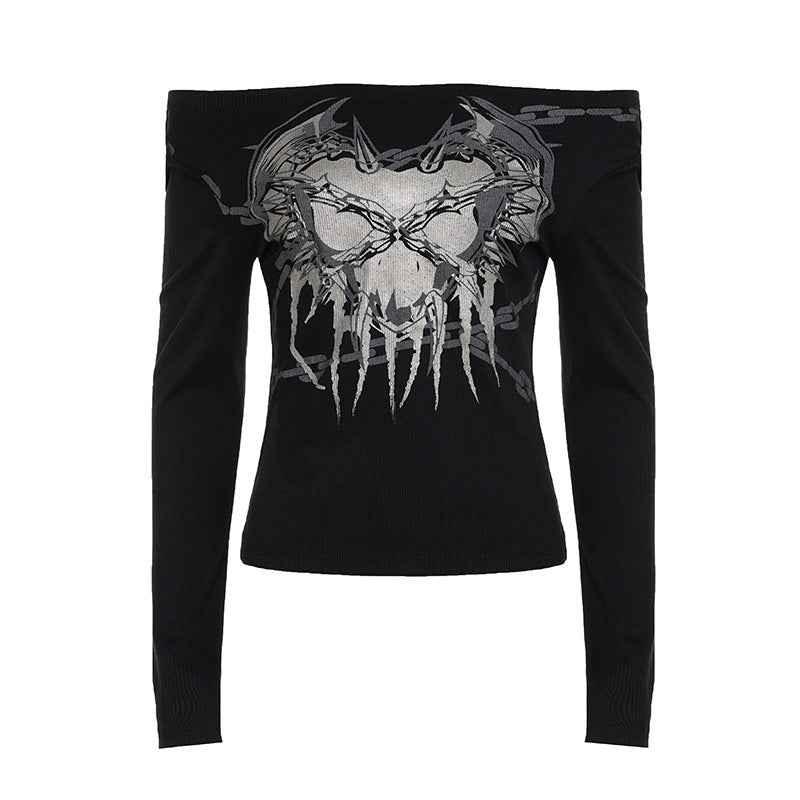 Pattern print off shoulder basic top for women Black MuddyStock