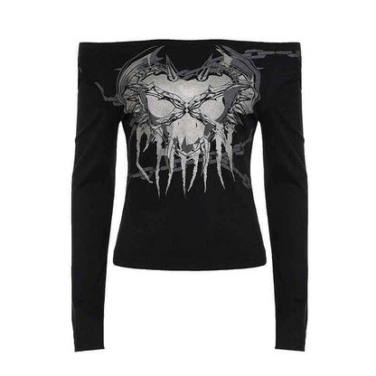 Pattern print off shoulder basic top for women Black MuddyStock