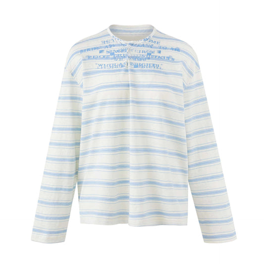 Faded Letter Pleated Henley Stripe Long Sleeve T-Shirt for Men