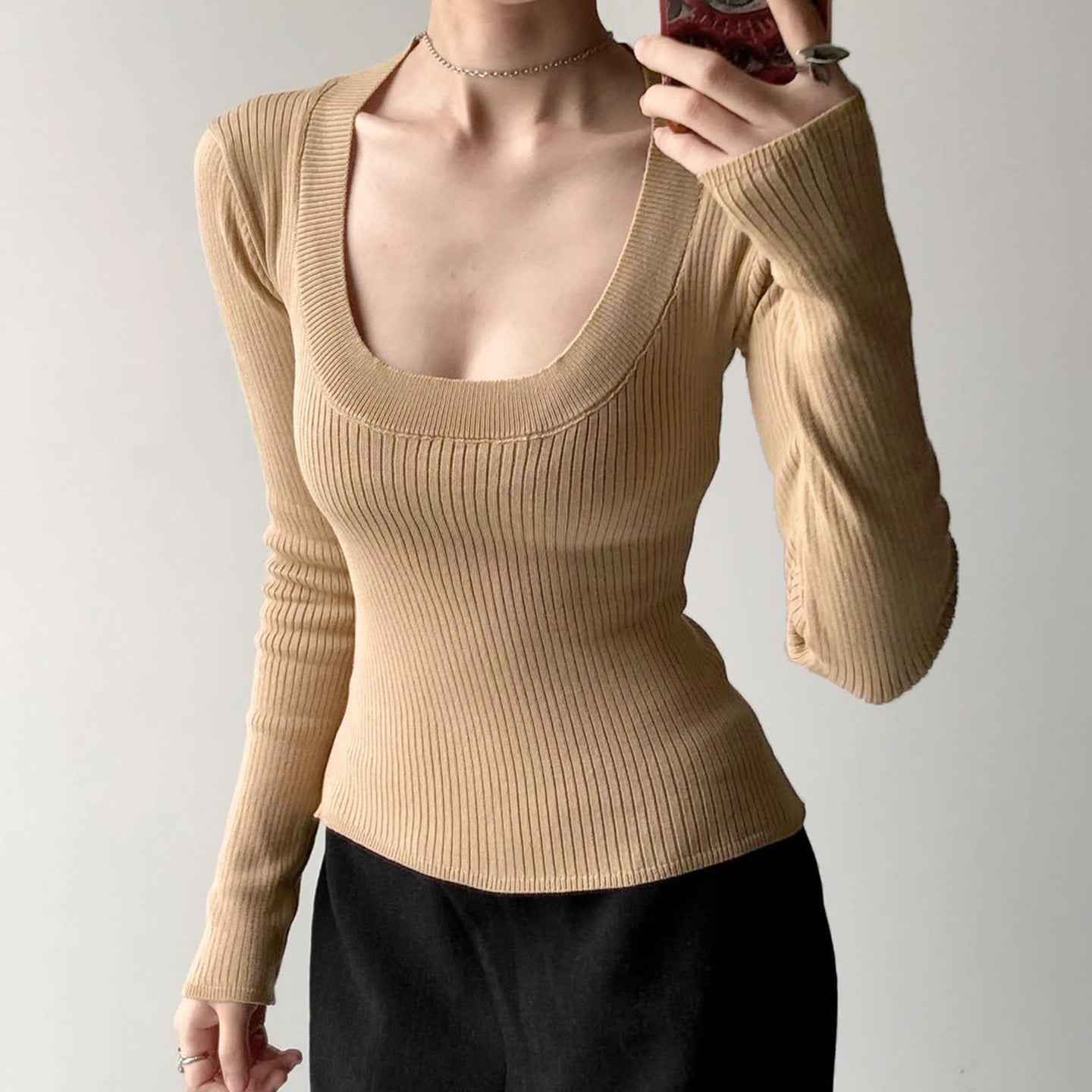 U-Neck Elastic Knit Long Sleeve Top For Women | MuddyStock Originals Khaki MuddyStock