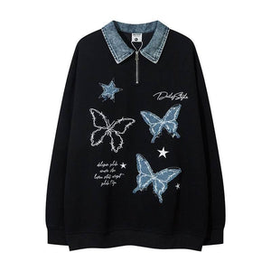 Aesthetic Butterfly Applique Sweatshirt For Women | MuddyStock Originals Black Regular