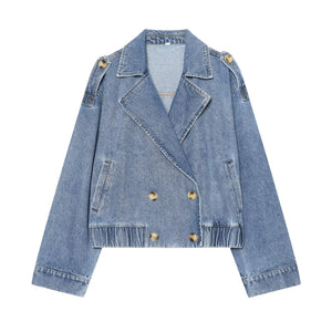 Loose shoulder strap double breasted denim jacket for women | MuddyStock Originals Denim Blue