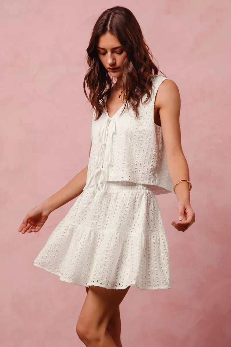 Floral Eyelet Lace Tie Front Vest Top and Tiered Mini Skirt Set