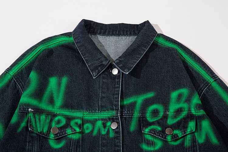 Hip Hop American Letters Inkjet Patterned Denim Jacket For Men And Women