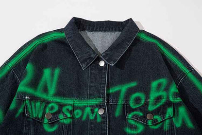Hip Hop American Letters Inkjet Patterned Denim Jacket For Men And Women