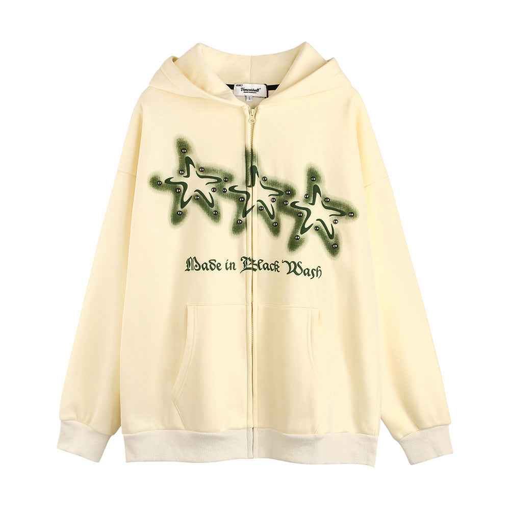High Street Niche Five-pointed Star Brushed Hoodie For Women Apricot MuddyStock