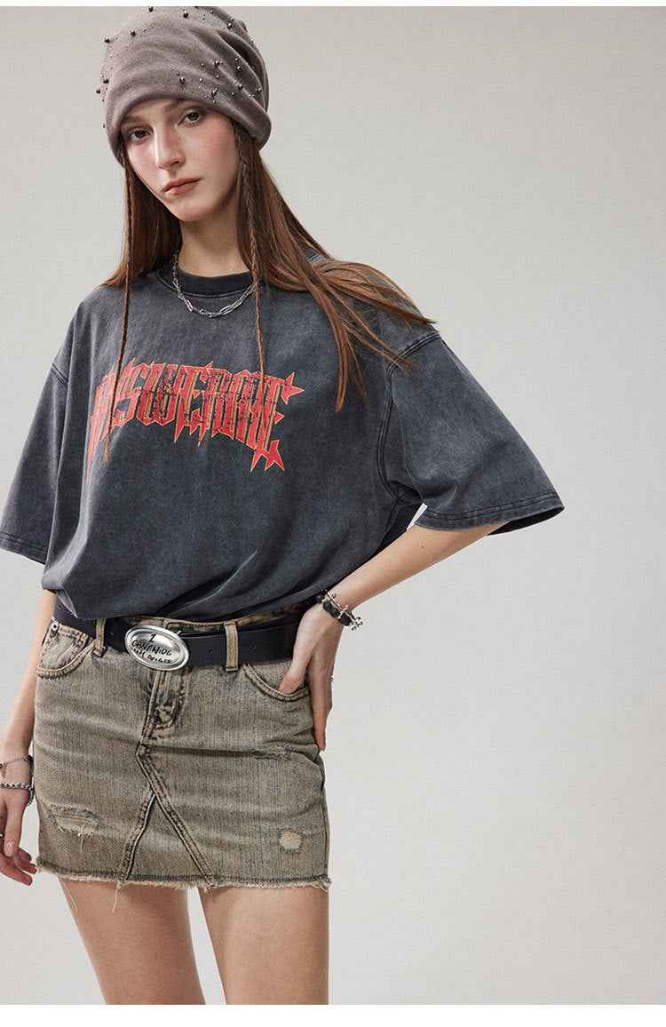 Summer Retro Worn Looking Washed-out Letter Print Short-sleeve T-shirt For Women MuddyStock