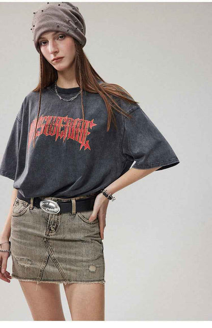 Summer Retro Worn Looking Washed-out Letter Print Short-sleeve T-shirt For Women MuddyStock