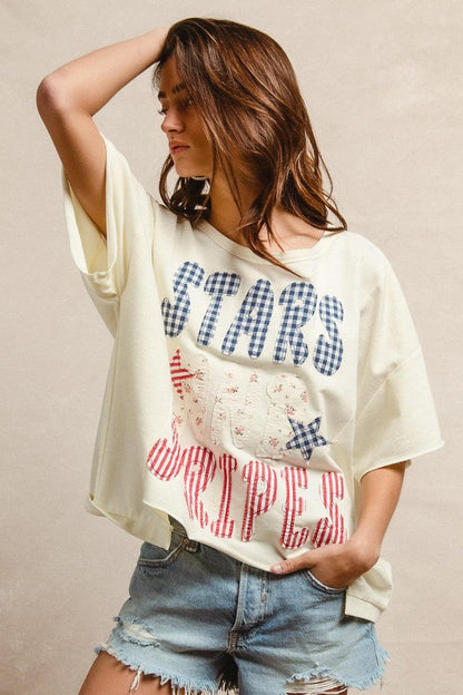 Mix And Match Stars And Stripes Patchwork Short Sleeve T-Shirt For Women