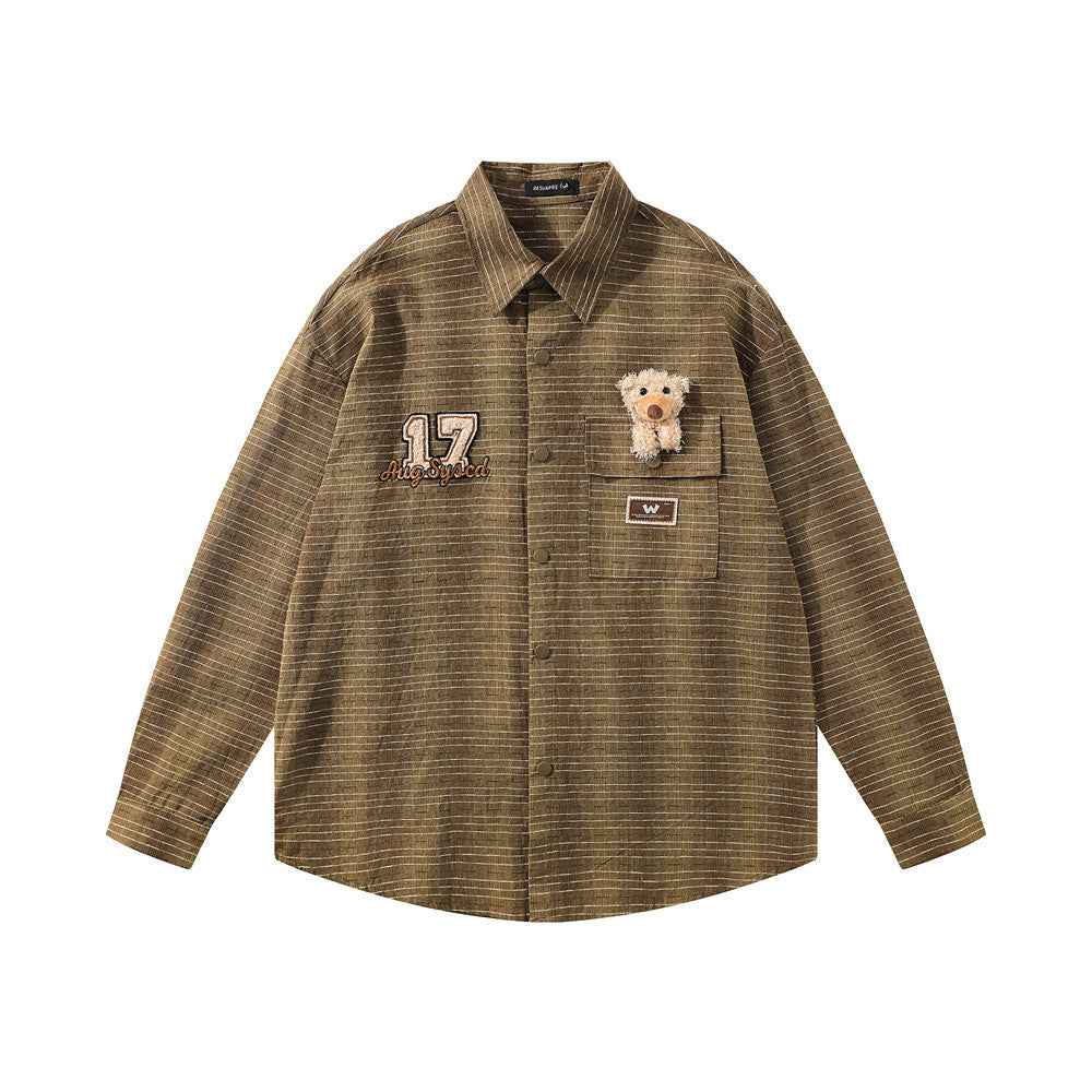 Plaid Long-sleeved Shirt With Cute Doll For Women Green null