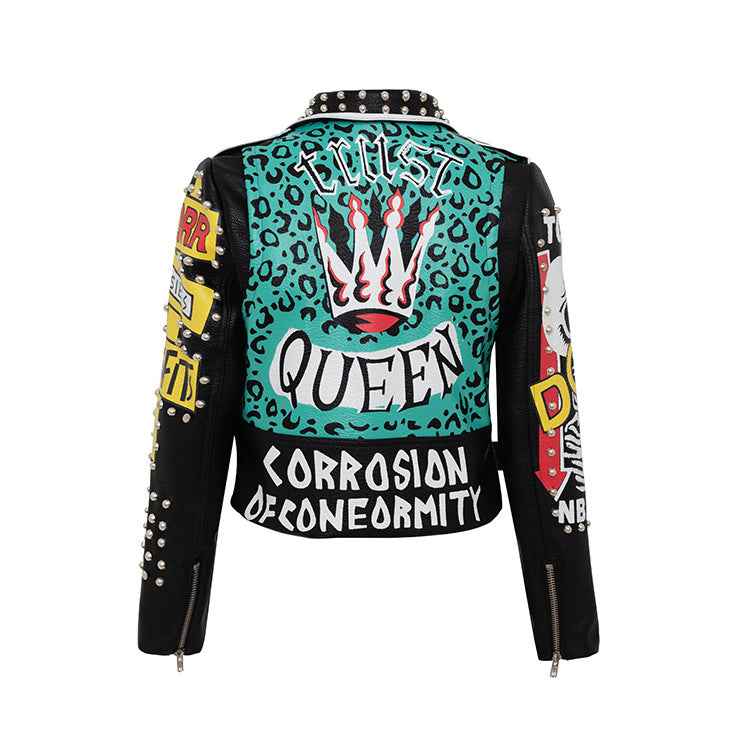 Punk Graffiti Print Leather Jacket For Women