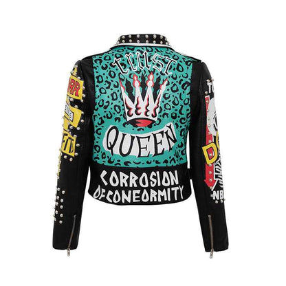 Punk Graffiti Print Leather Jacket For Women