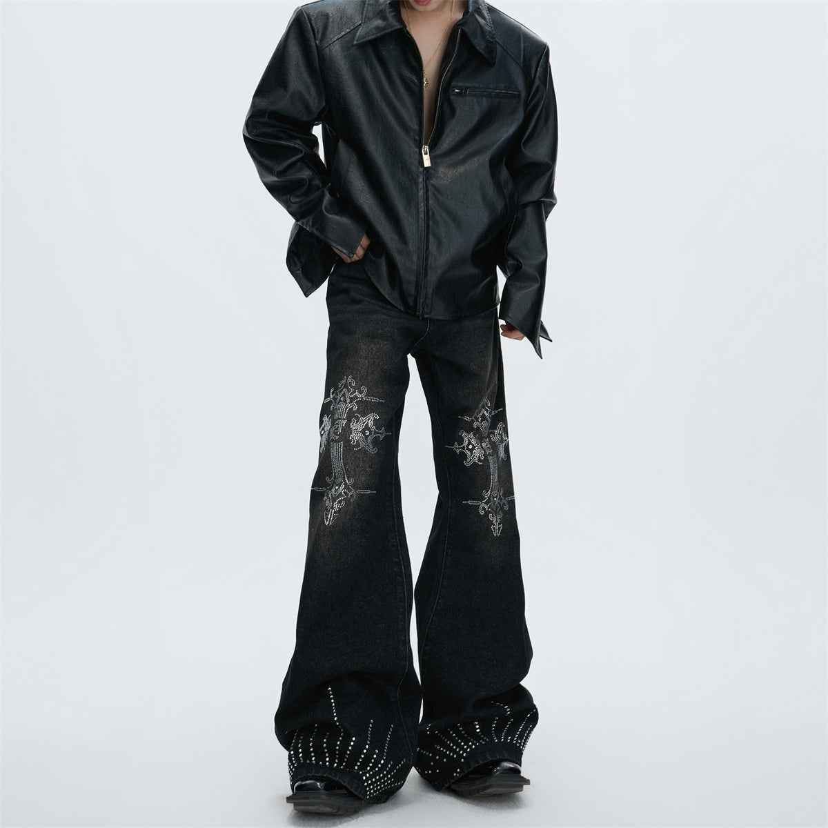 Water-washed Rhinestone Jeans With A Slight Flare For Men All Products