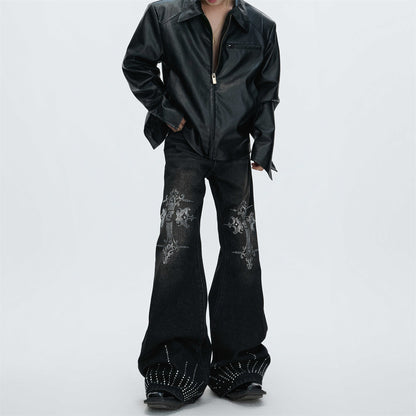 Water-washed Rhinestone Jeans With A Slight Flare For Men All Products