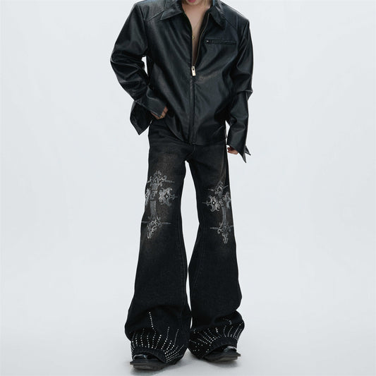 Water-washed Rhinestone Jeans With A Slight Flare For Men All Products