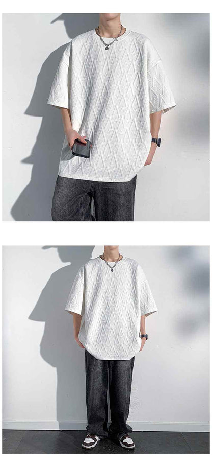 Mid-sleeve Bottoming Shirt Men's Round Neck Jacquard Solid Color Plus Size T-shirt MuddyStock