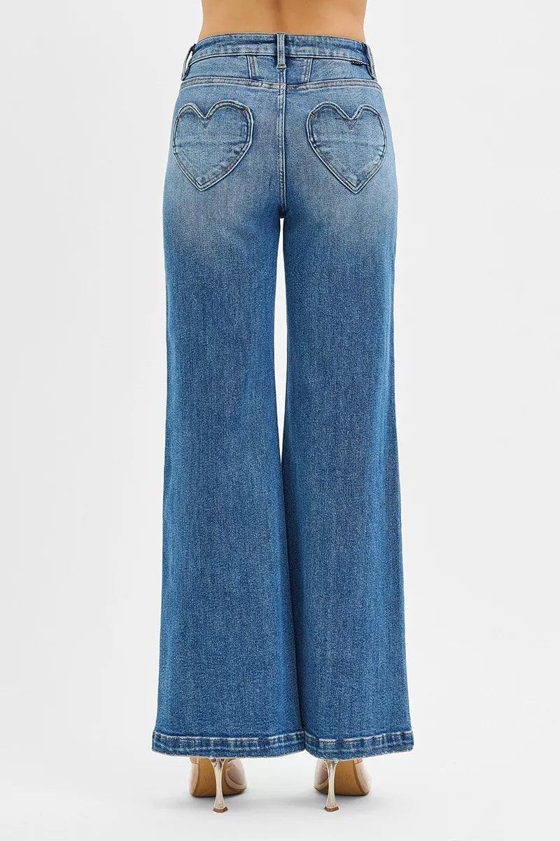 High Rise Wide Leg Jeans with Front Yoke and Heart Back Pocket