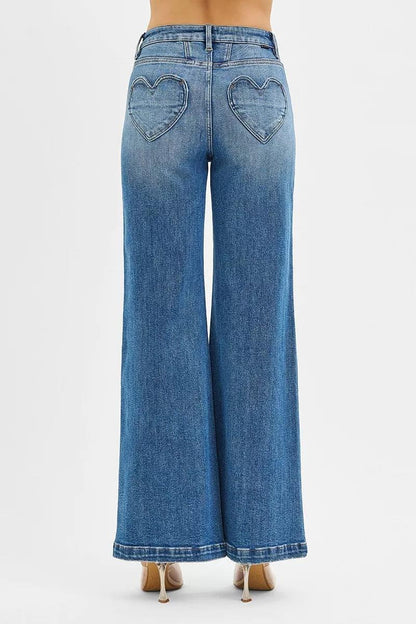 High Rise Wide Leg Jeans with Front Yoke and Heart Back Pocket