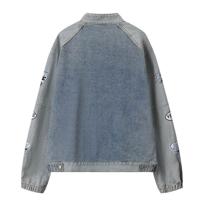 Men's Stitching Embroidered Letters Washed And Worn Zipper Denim Coat For Men And Women MuddyStock