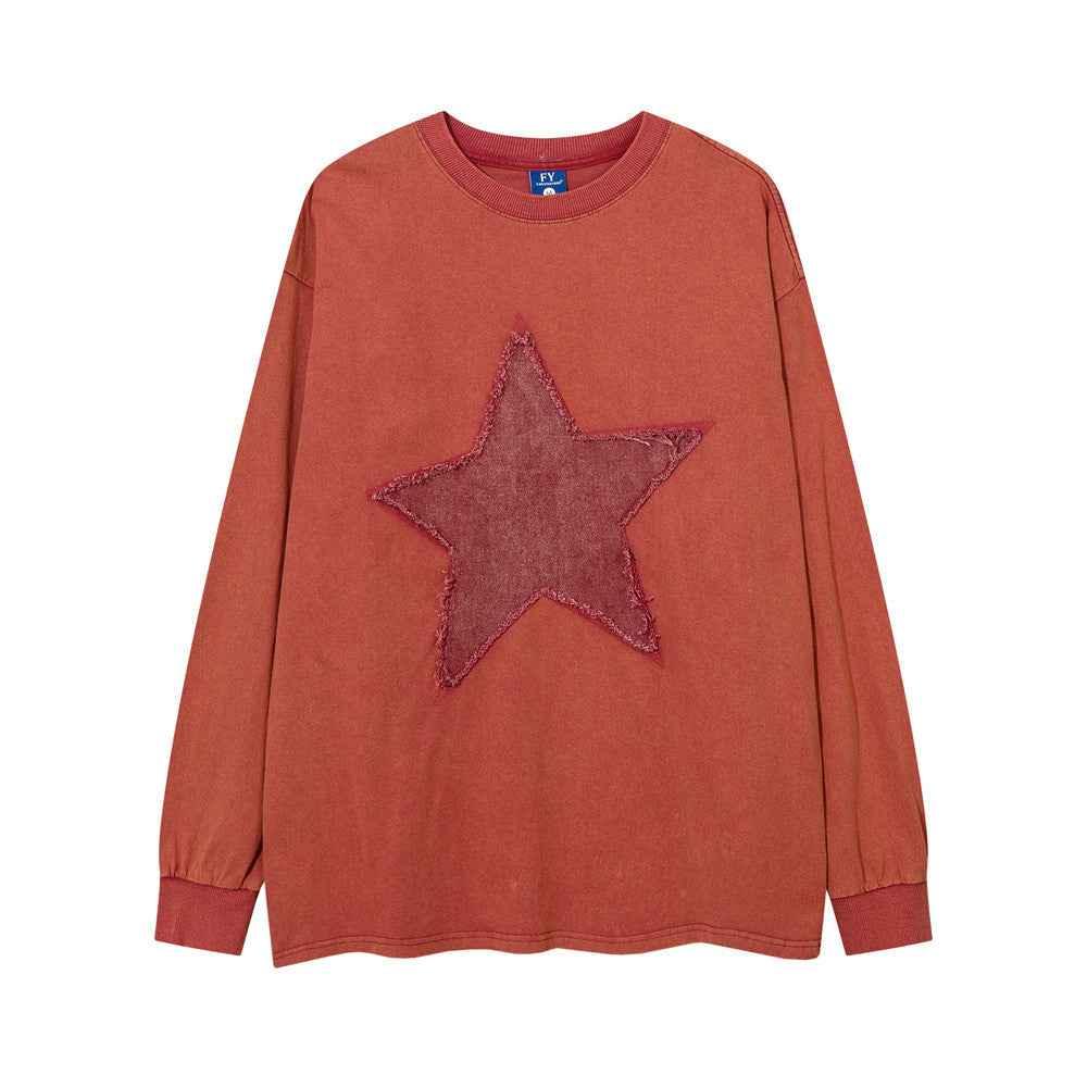Women's Round Neck Loose Five-pointed Star Long Sleeve T-shirt Orange Red null