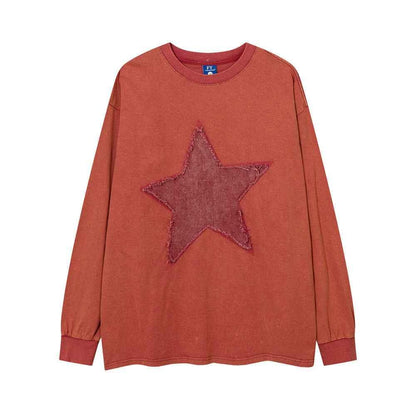 Women's Round Neck Loose Five-pointed Star Long Sleeve T-shirt Orange Red null