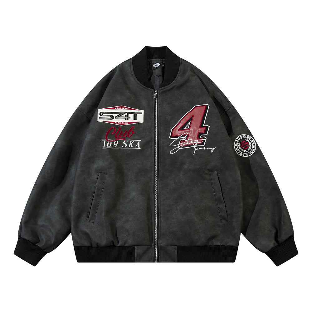 European And American-style Letter Affixed Cloth Embroidered Loose Pu Leather Baseball Jacket For Men And Women Black MuddyStock