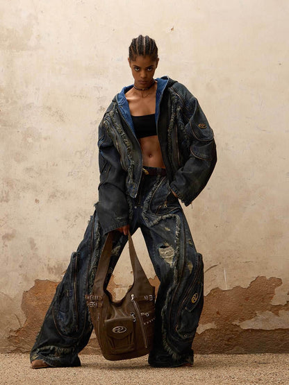 Female Alien Structural Stained Jeans For Men And Women Blue MuddyStock