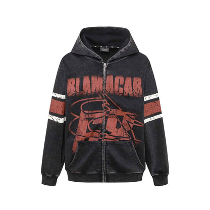 Washed Distressed Letters Printed Hooded Cardigan Sweater Men And Women Black MuddyStock