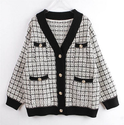 Knitted Jacket Women's Cardigan Plaid Loose Thickening Small Fragrance Style Foreign Style White Onesize MuddyStock