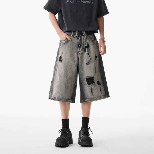 High Street Washed Hole Denim Shorts For Men MuddyStock