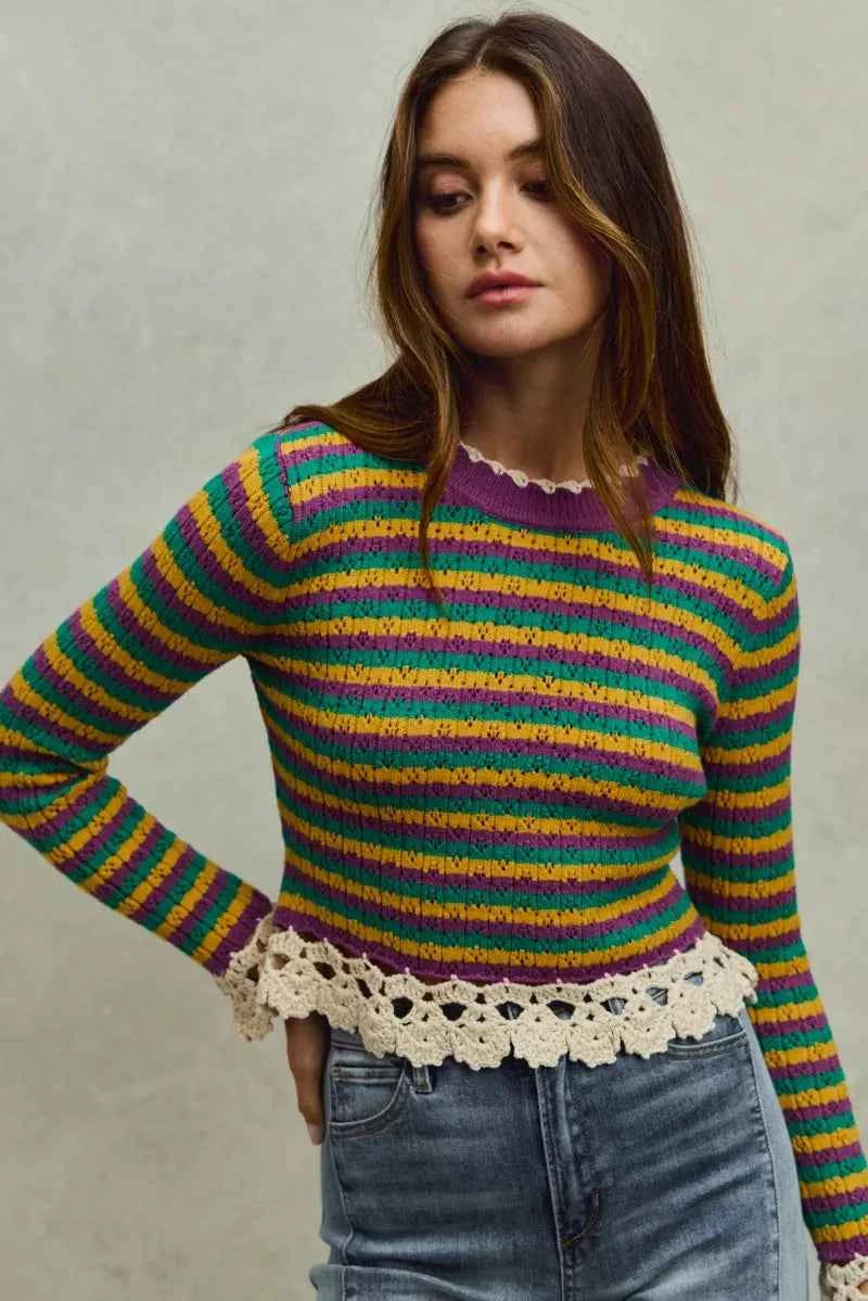 Mardi Gras Striped Cropped Knit Top with Crochet Edge For Women Trendsi