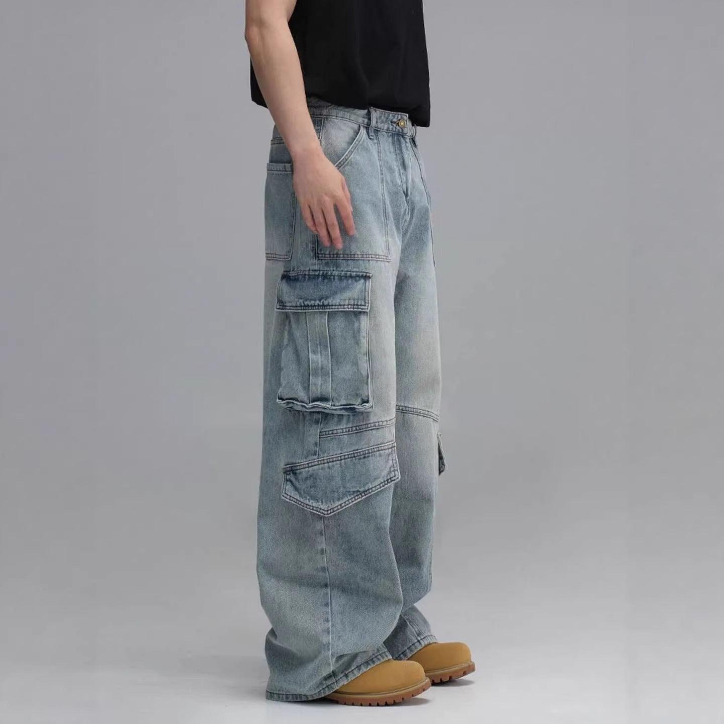 Washed Multi-Pocket Workwear Denim Jeans For Men