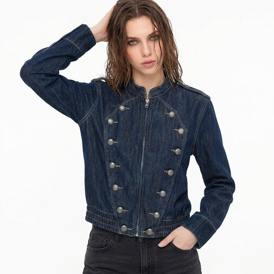 Button embellished denim jacket for women | MuddyStock Originals
