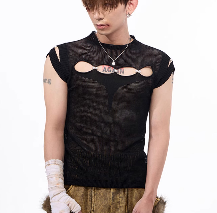 Dark Hollow-out Sleeveless T-shirt For Men