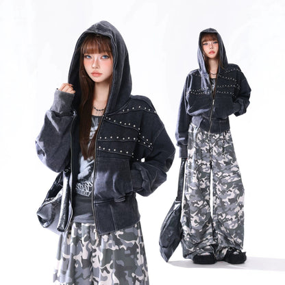 Vintage Distressed Waist-cinched Hooded Sweatshirt Versatile Womens Jacket All Products