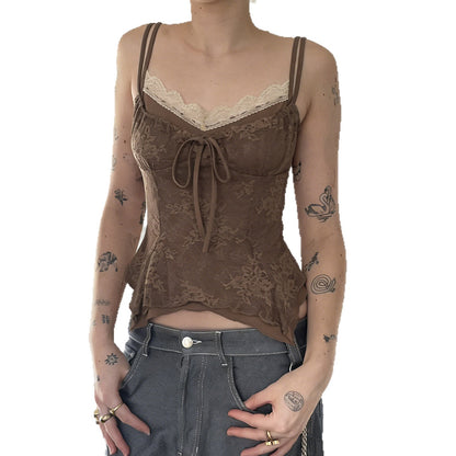 Retro Style Lace Trimmed Patchwork Camisole Top For Women