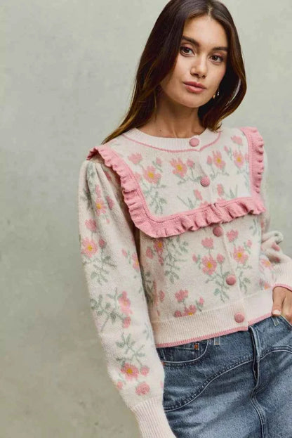 Flower With Ruffle Detailing Sweater Cardigan For Women Trendsi
