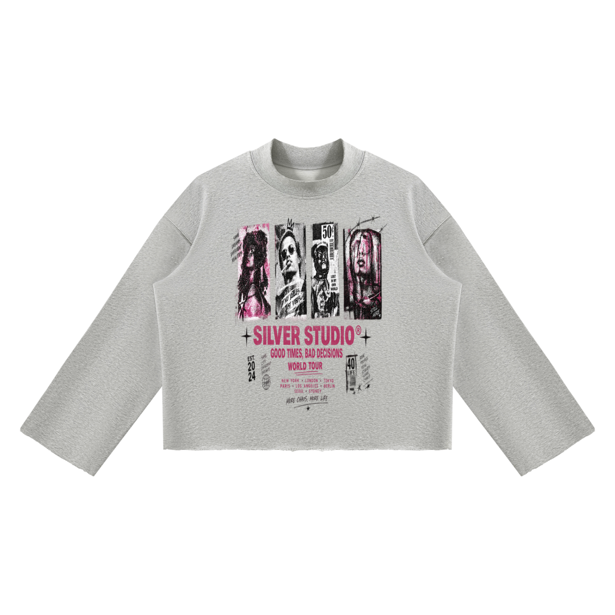 Mock Neck Raw Edge Boxy Sweatshirt For Men| MuddyStock Originals Flower Gray