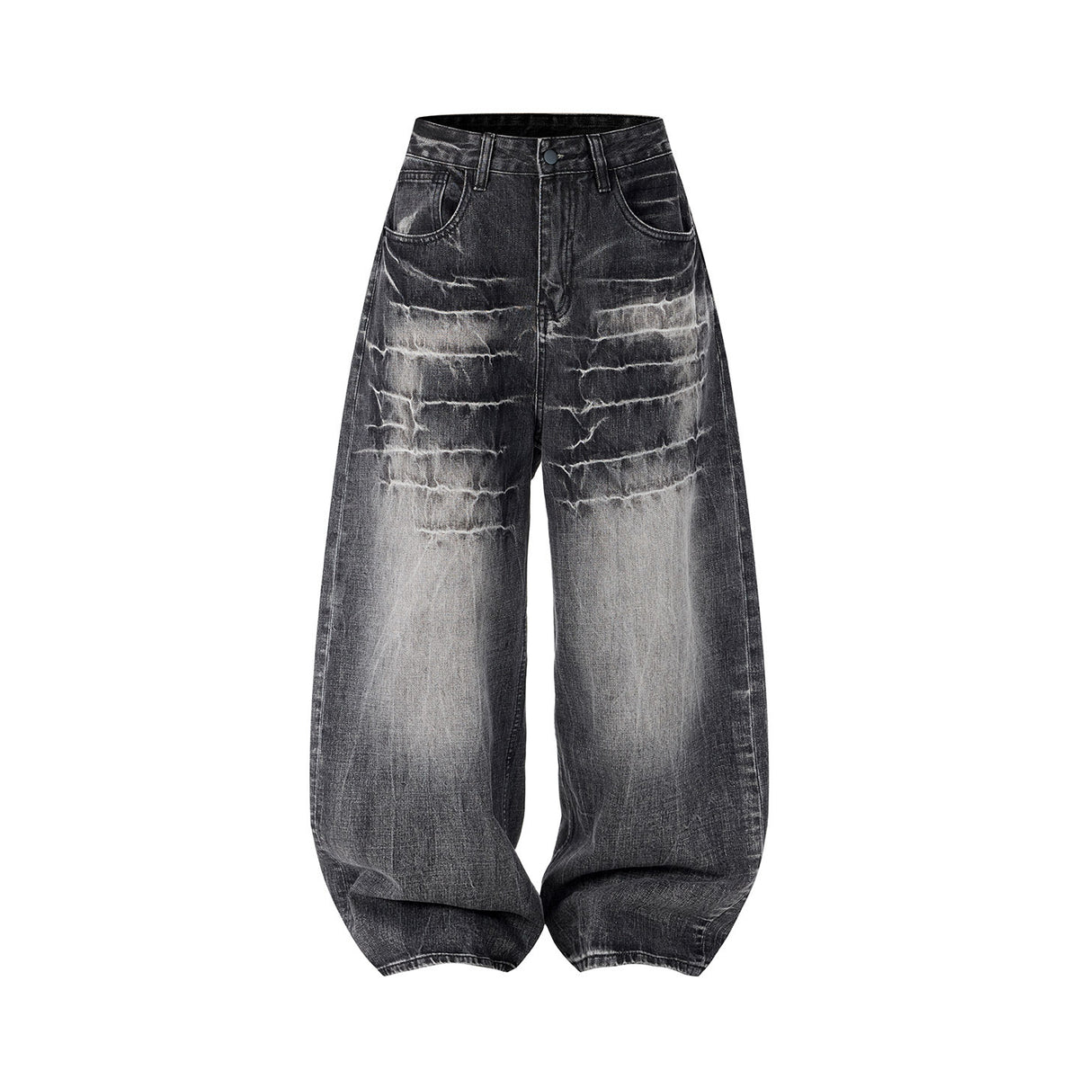 Retro Washed Distressed Loose-fit Wide-leg Denim Pants For Men And Women Black