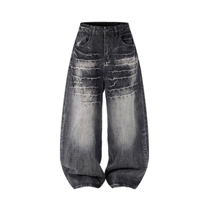 Retro Washed Distressed Loose-fit Wide-leg Denim Pants For Men And Women Black