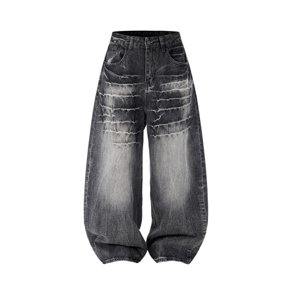 Retro Washed Distressed Loose-fit Wide-leg Denim Pants For Men And Women Black