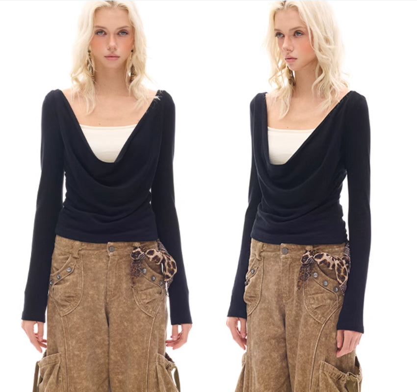 Beaded Swing Collar Knitted Top For Women Black