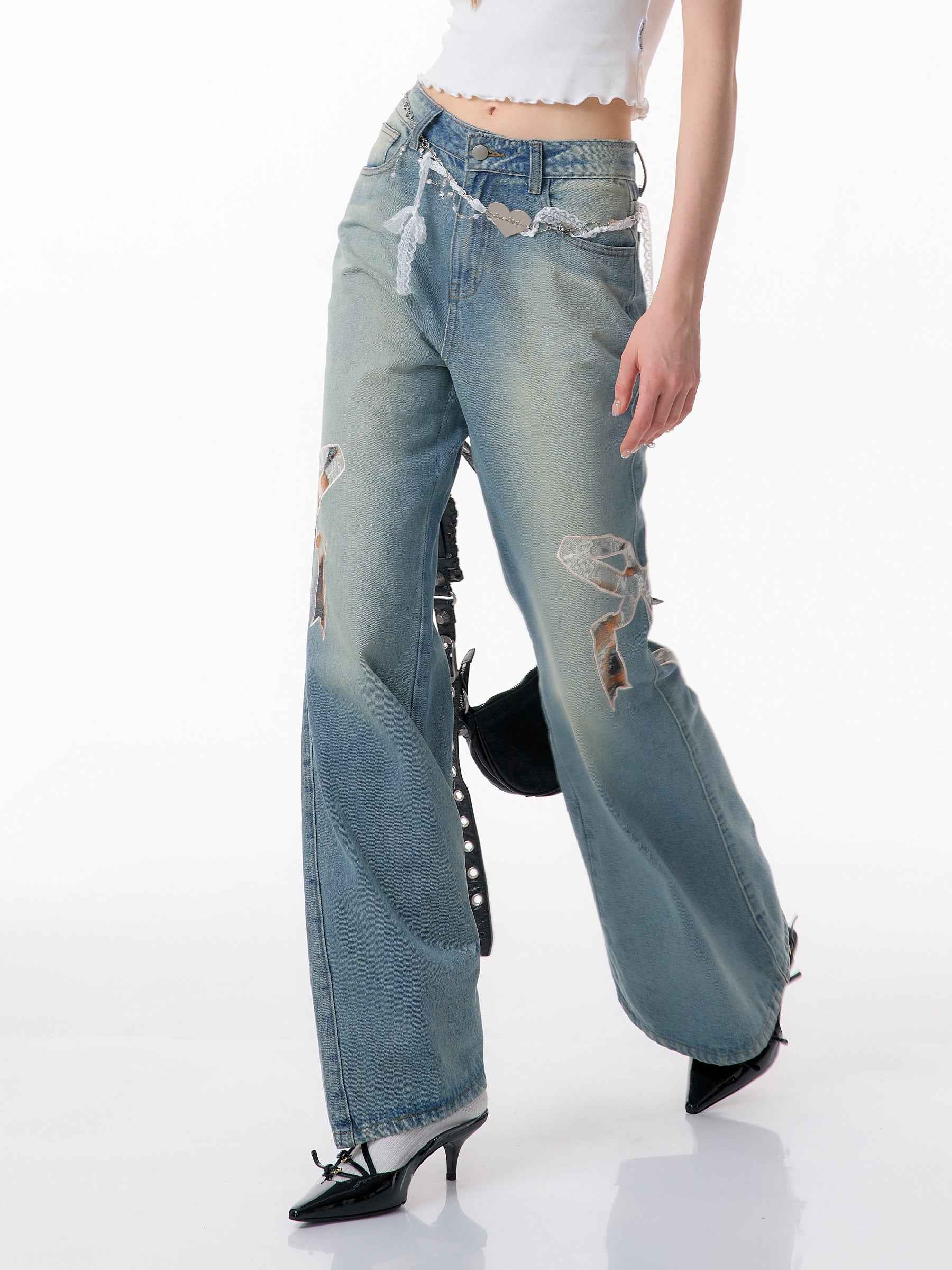 High Waist Bow Patch Wide Leg Straight Jeans For Women MuddyStock