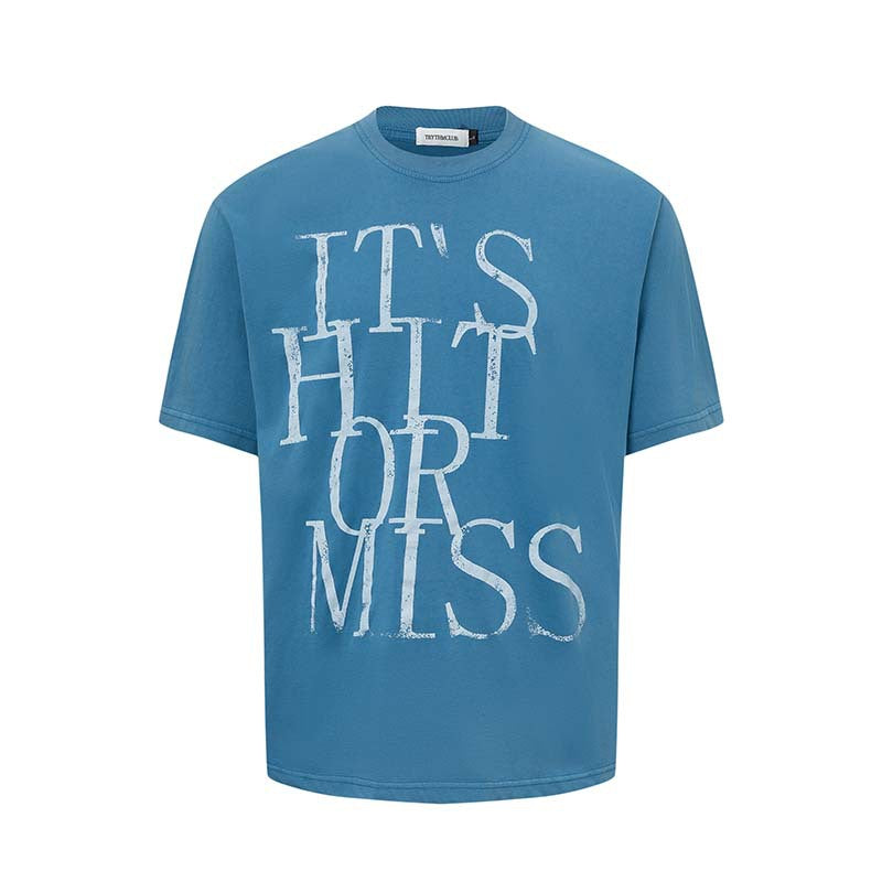Men's American-style Letter Printed Round Neck T-shirt Blue