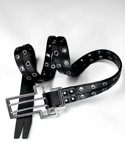 Distressed Cross-pattern Full-grain Leather Double-layer Belt
